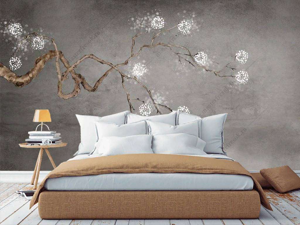 Фотообои в интерьере веточка с белыми цветами  15-897 фото