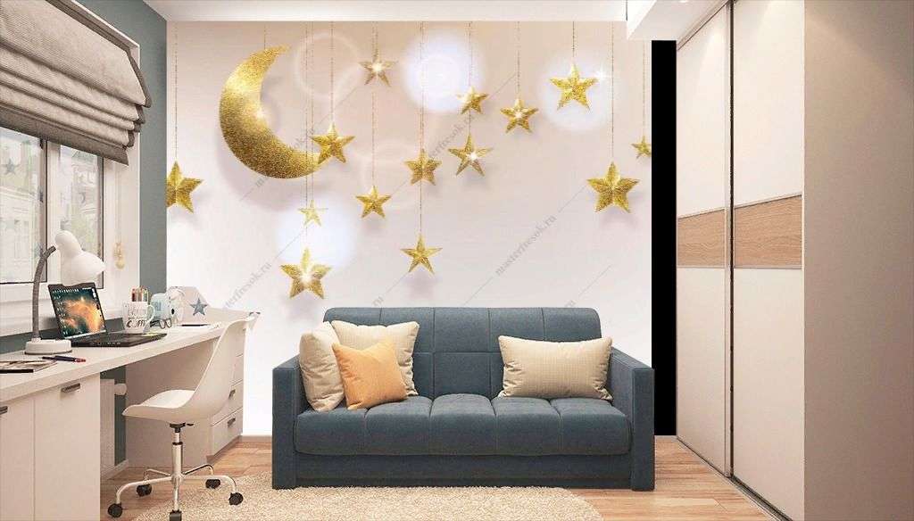 Фотообои в интерьере золотые звезды и месяц  14-213 фото