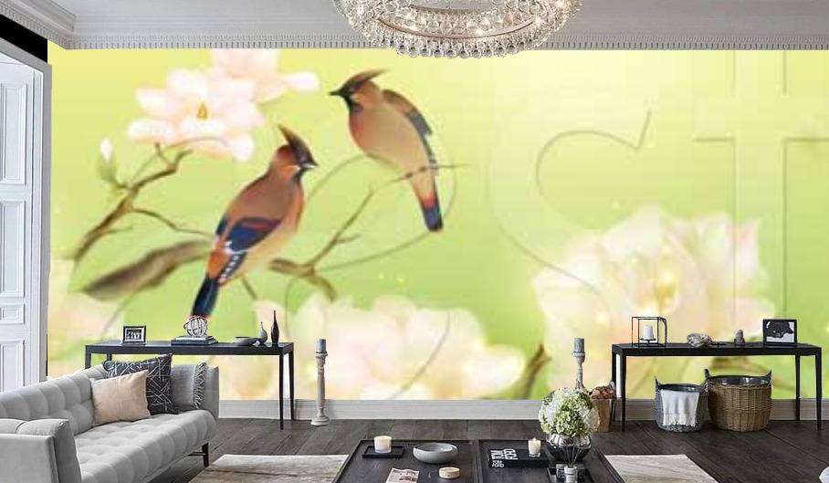 Фотообои в интерьере птицы на цветущих ветках  9-301 фото