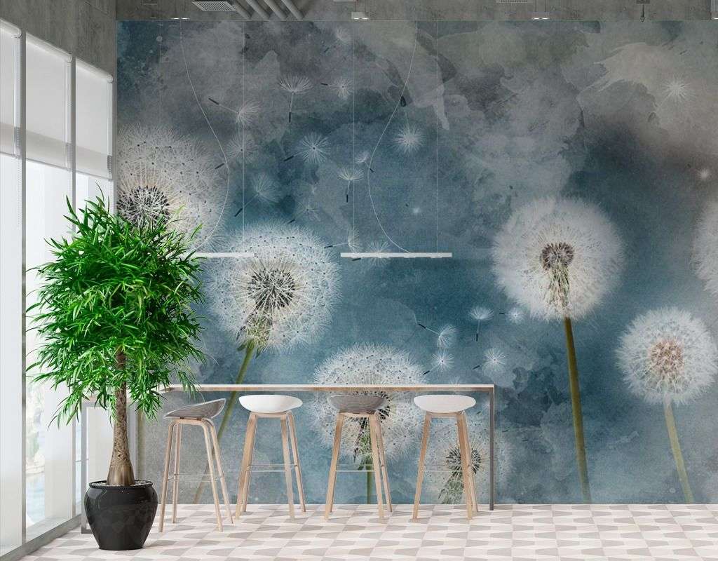 Фотообои в интерьере одуванчики на синем фоне  14-476 фото