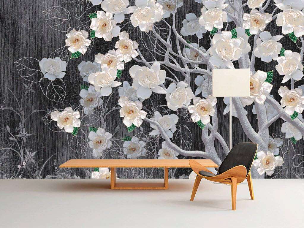 Фотообои в интерьере нежные цветы на дереве  13-297 фото