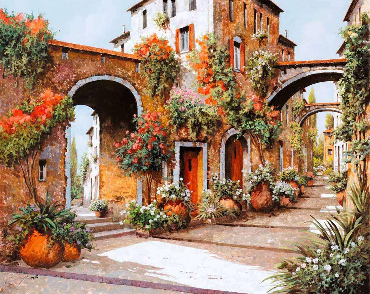 Фотообои в интерьере цветущая улочка с арками  8-025 фото