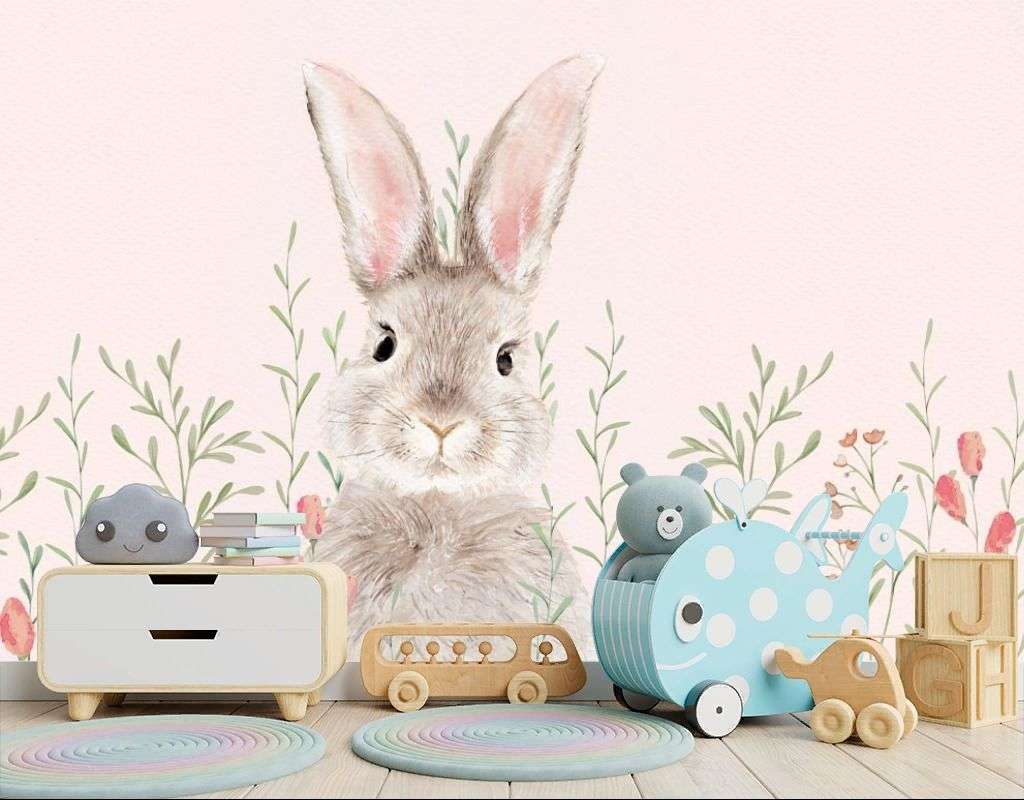 Фотообои в интерьере зайка нежный в цветах  14-794 фото