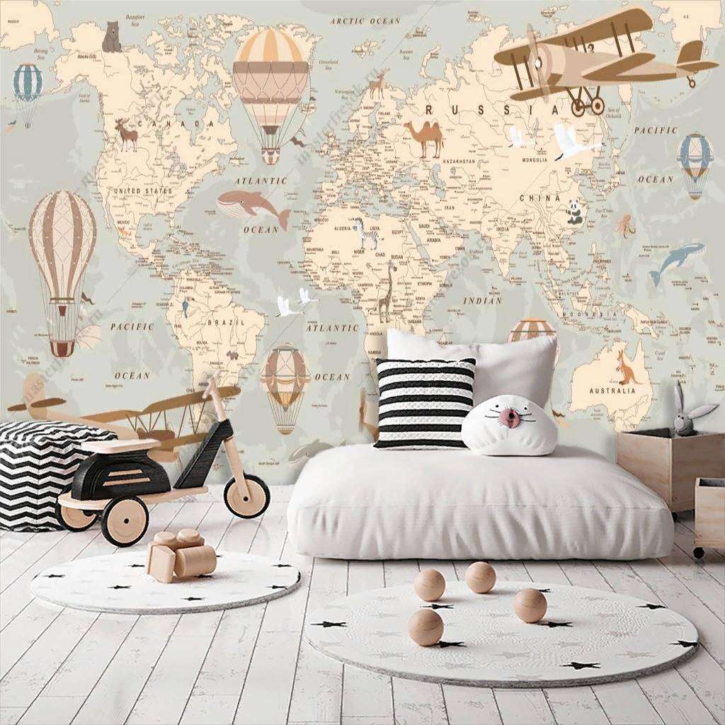 Фотообои в интерьере карта мира на сером фоне  12-1171 фото