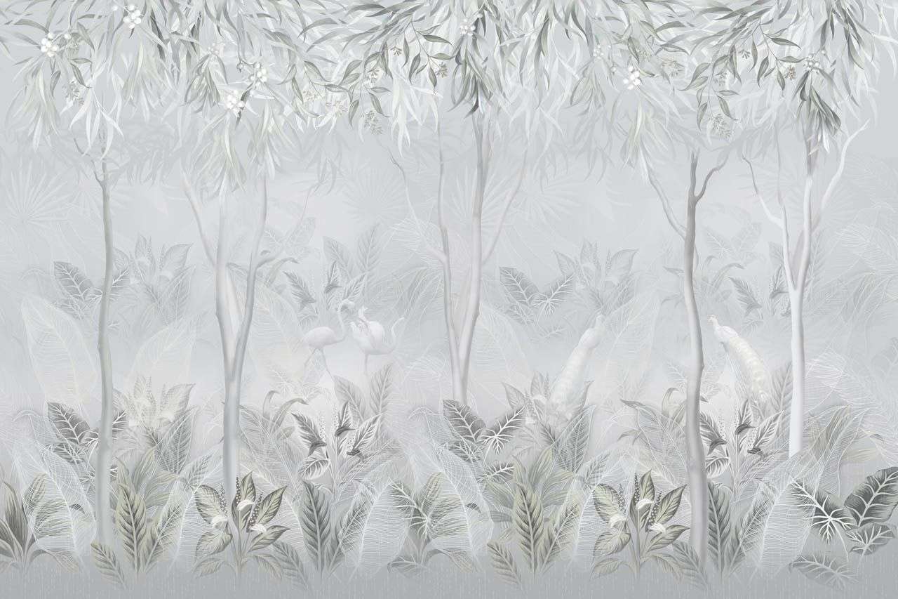 Фотообои в интерьере в спальню лес серый   13-682 фото