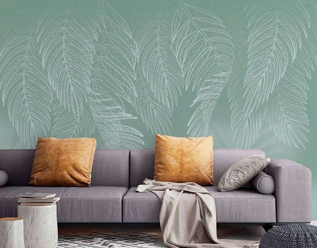 Фотообои в интерьере 3д листья на зеленом фоне   14-756 фото