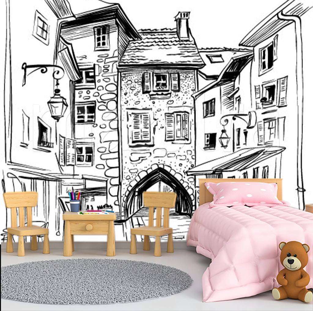 Фотообои в интерьере домики рисунок графика  12-500 фото