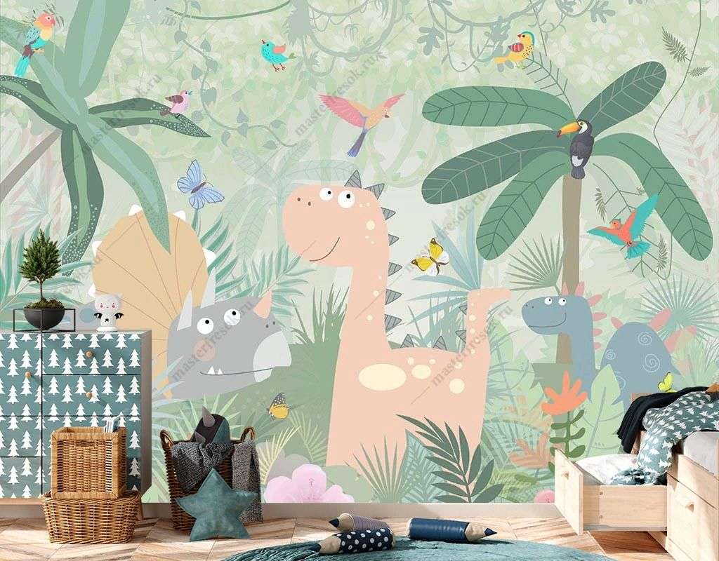 Фотообои в интерьере игривые динозаврики в детскую  12-1526 фото