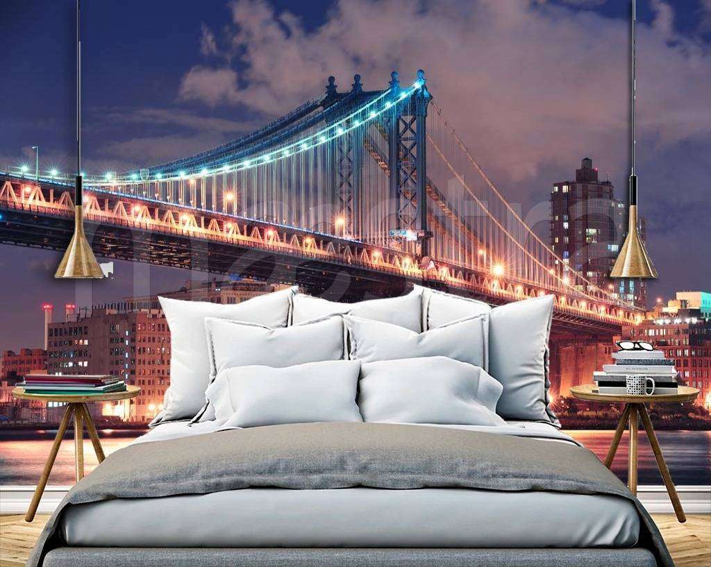 Фотообои в интерьере ночной мост красочного нью йорка  9-804 фото