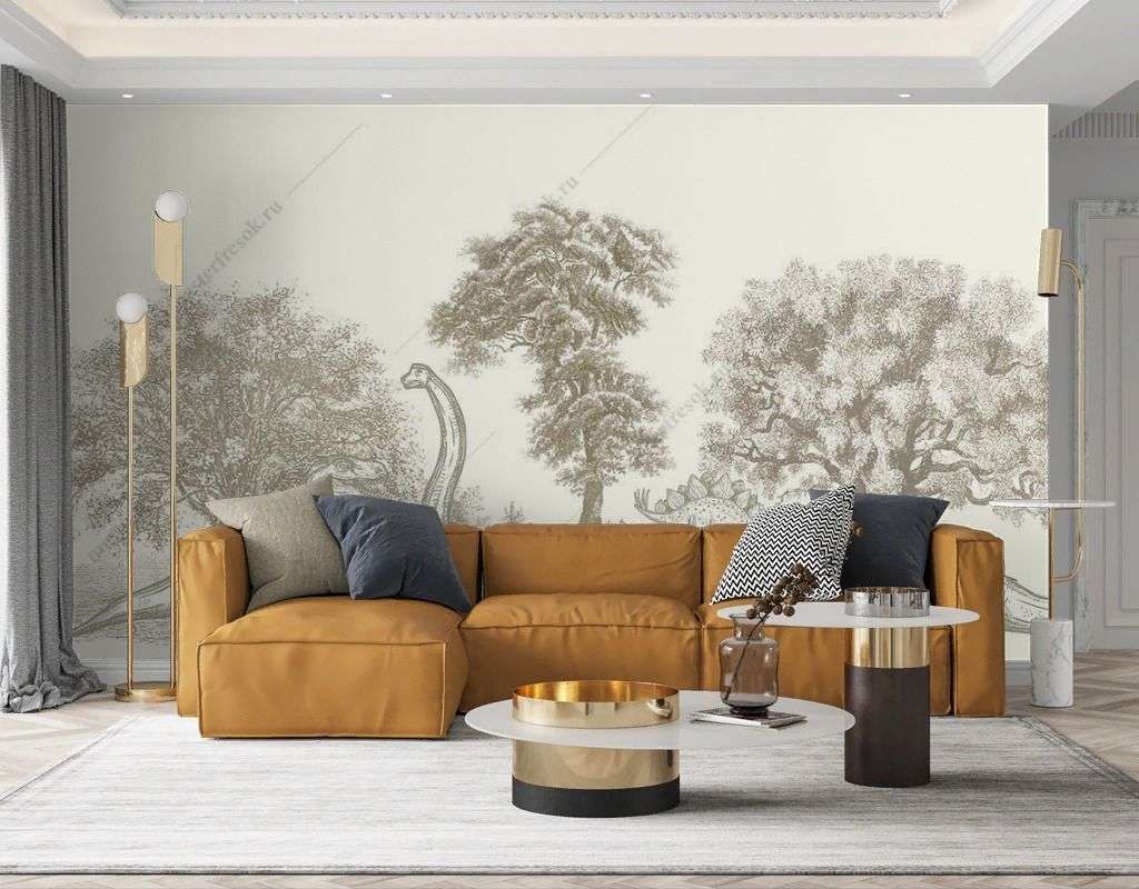 Фотообои в интерьере гравюра с динозаврами в детскую  12-1559 фото