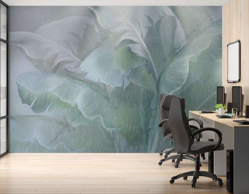 Фотообои в интерьере зеленые листья банана  13-457 фото