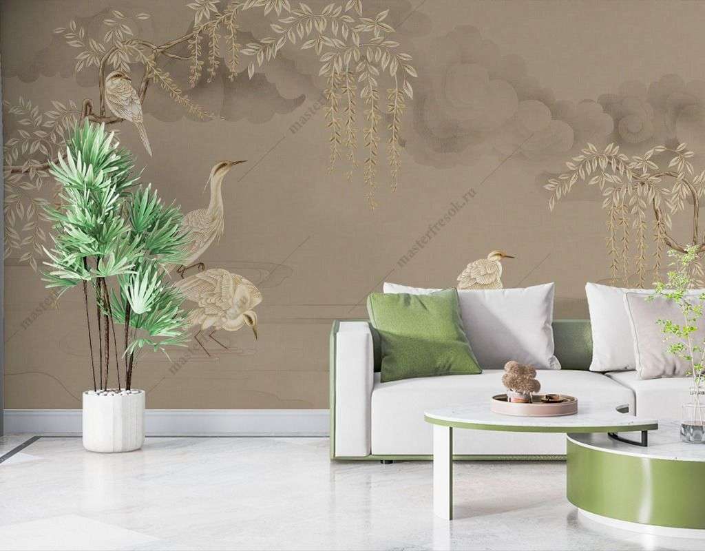 Фотообои в интерьере золотые журавли  9-1691 фото