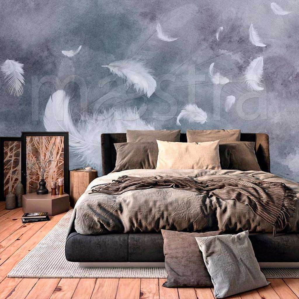 Фотообои в интерьере белые перья и дым  15-510 фото
