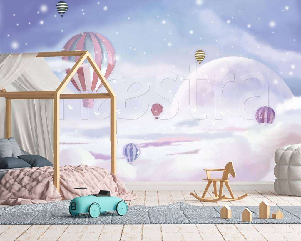 Фотообои в интерьере воздушные шары в розовом небе  12-430 фото