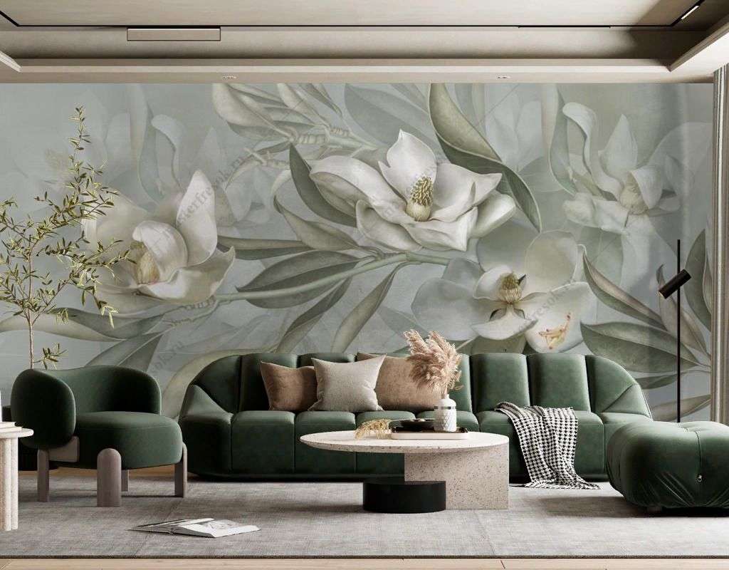 Фотообои в интерьере лилии на зеленом фоне  13-477 фото