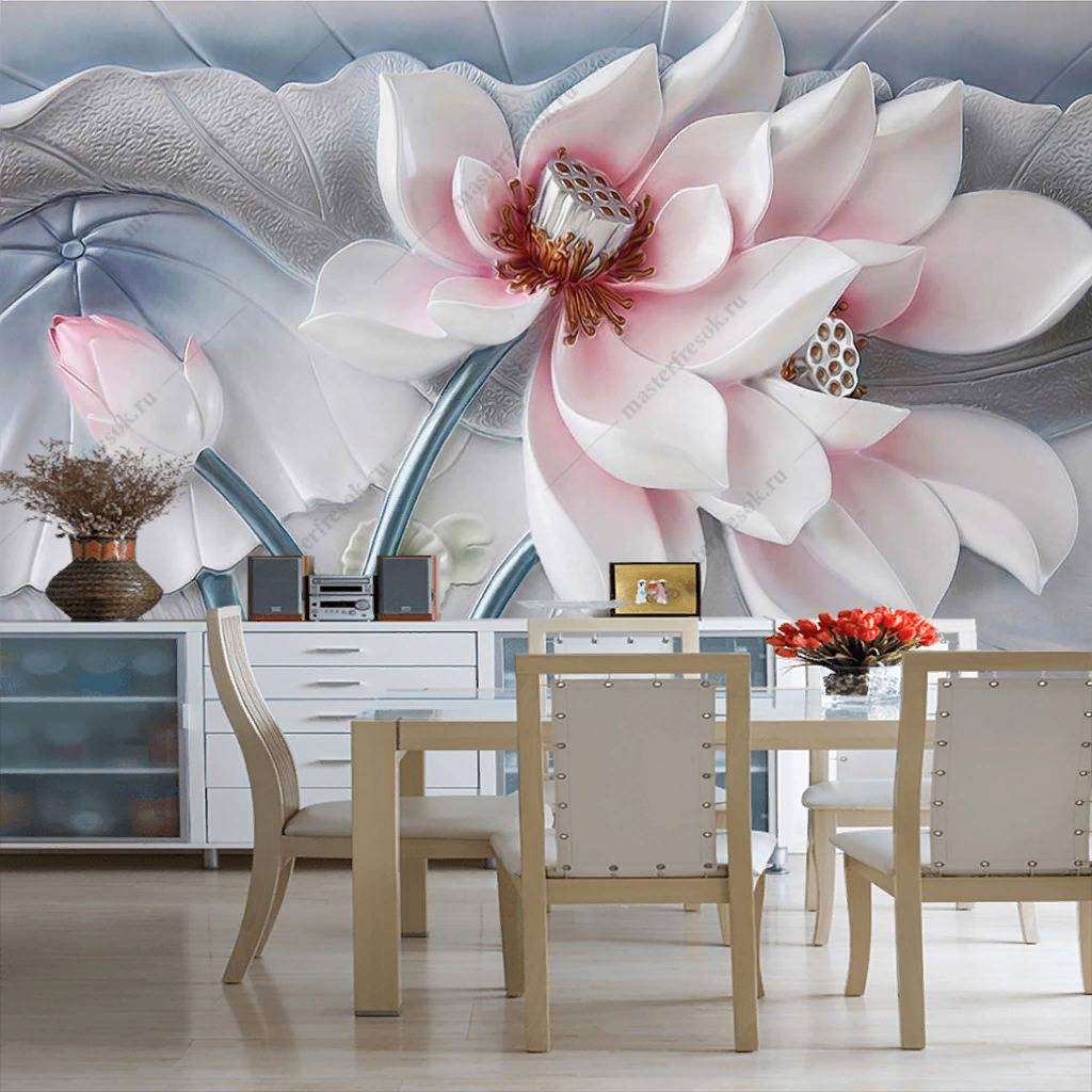 Фотообои в интерьере 3д объемный бело-розовый цветок  10-846 фото