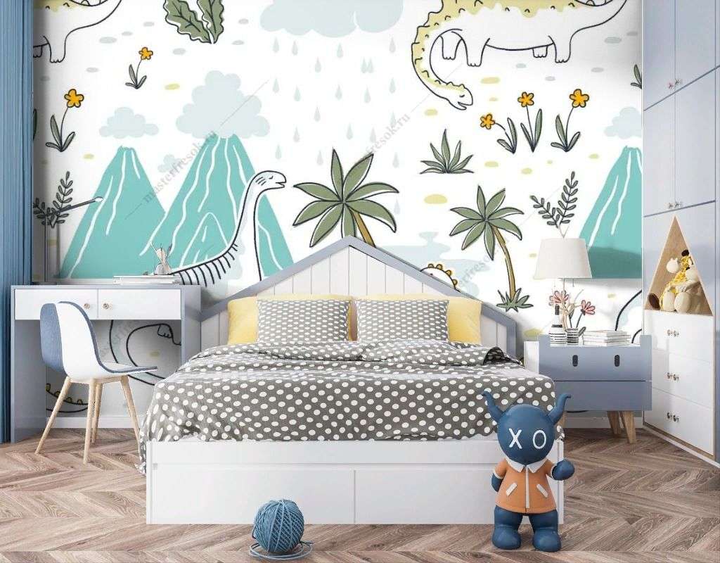 Фотообои в интерьере динозавры под дождём  14-521 фото