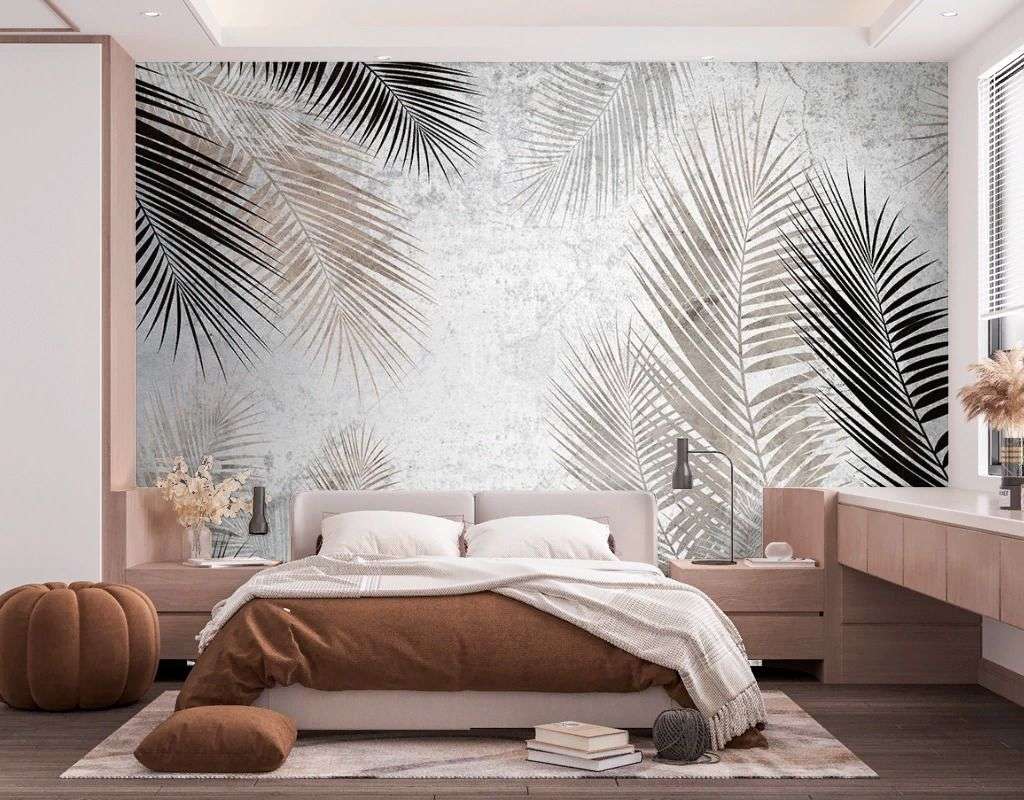 Фотообои в интерьере роспись стен пальмовые листья  9-1709 фото