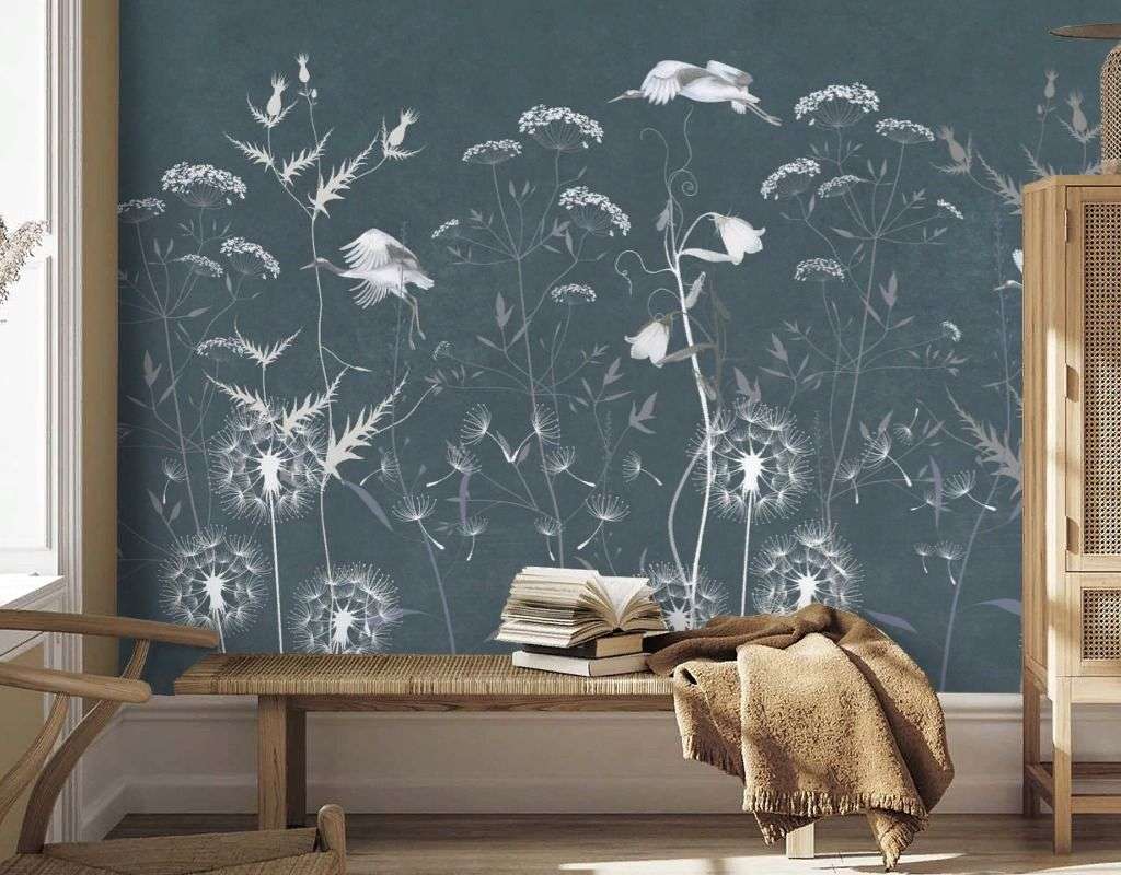 Фотообои в интерьере полевые цветы на темном фоне  13-693 фото