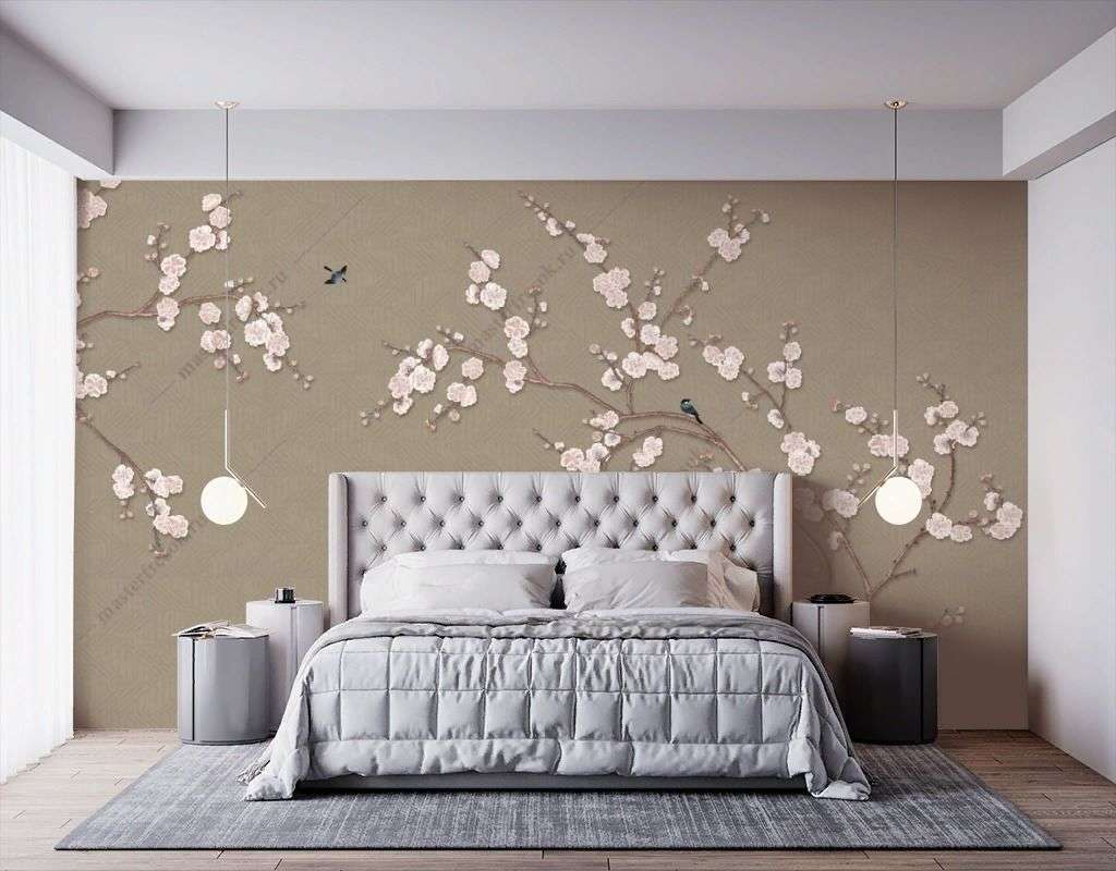 Фотообои в интерьере розовая веточка сакуры  9-1689 фото