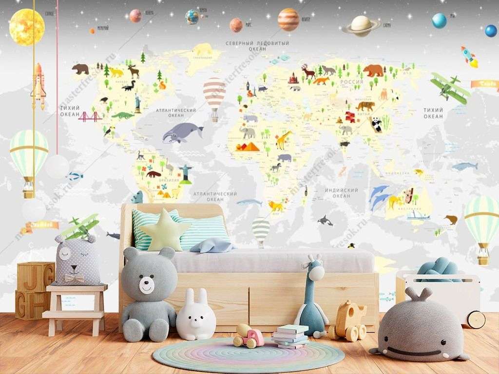 Фотообои в интерьере детская карта с планетами  14-287 фото