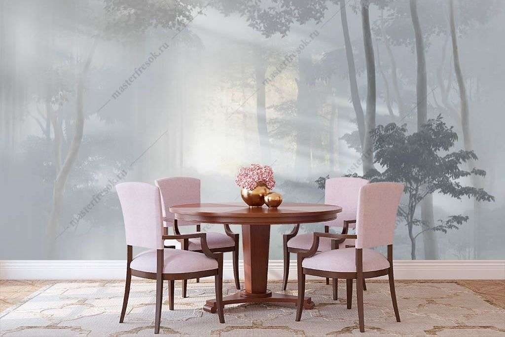 Фотообои в интерьере солнечный туманный лес  13-354 фото