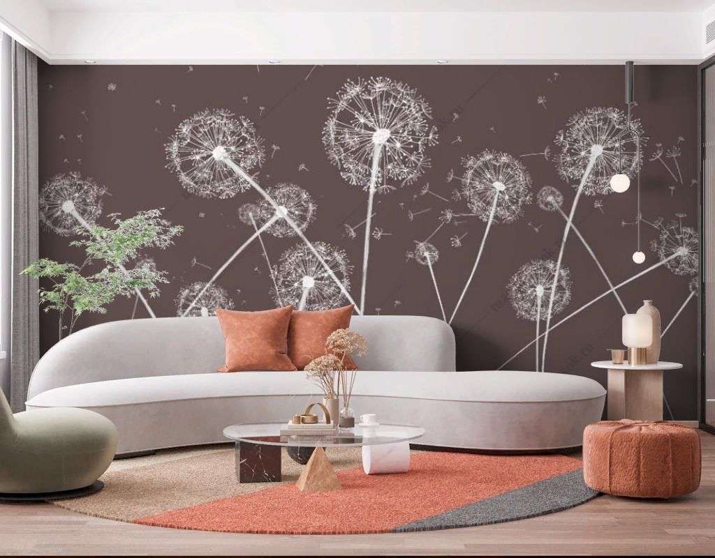 Фотообои в интерьере одуванчики на коричневом фоне  14-528 фото