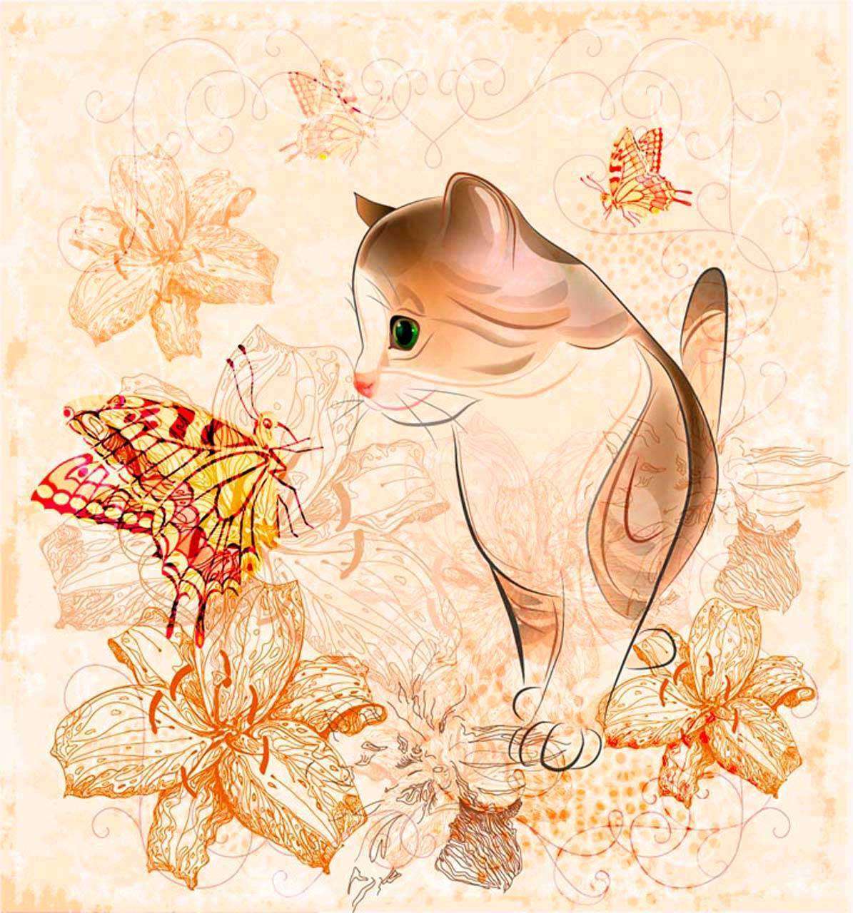 Фотообои в интерьере котенок смотрит на бабочку  12-348 фото