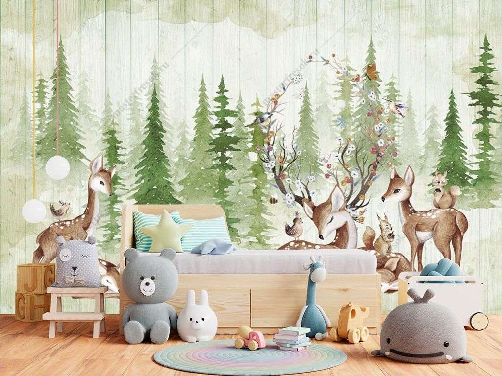 Фотообои в интерьере оленята на фоне зеленого леса  14-229 фото