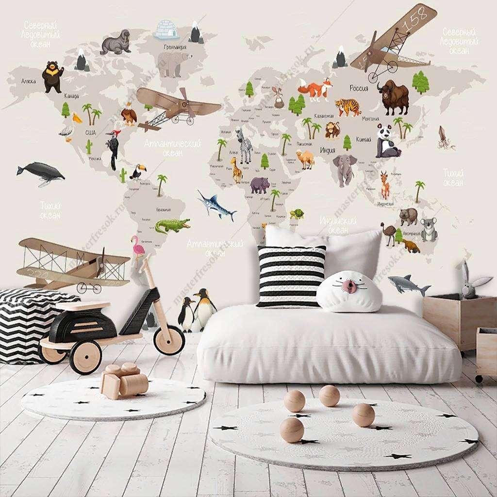 Фотообои в интерьере карта мира с самолетами  12-1153 фото