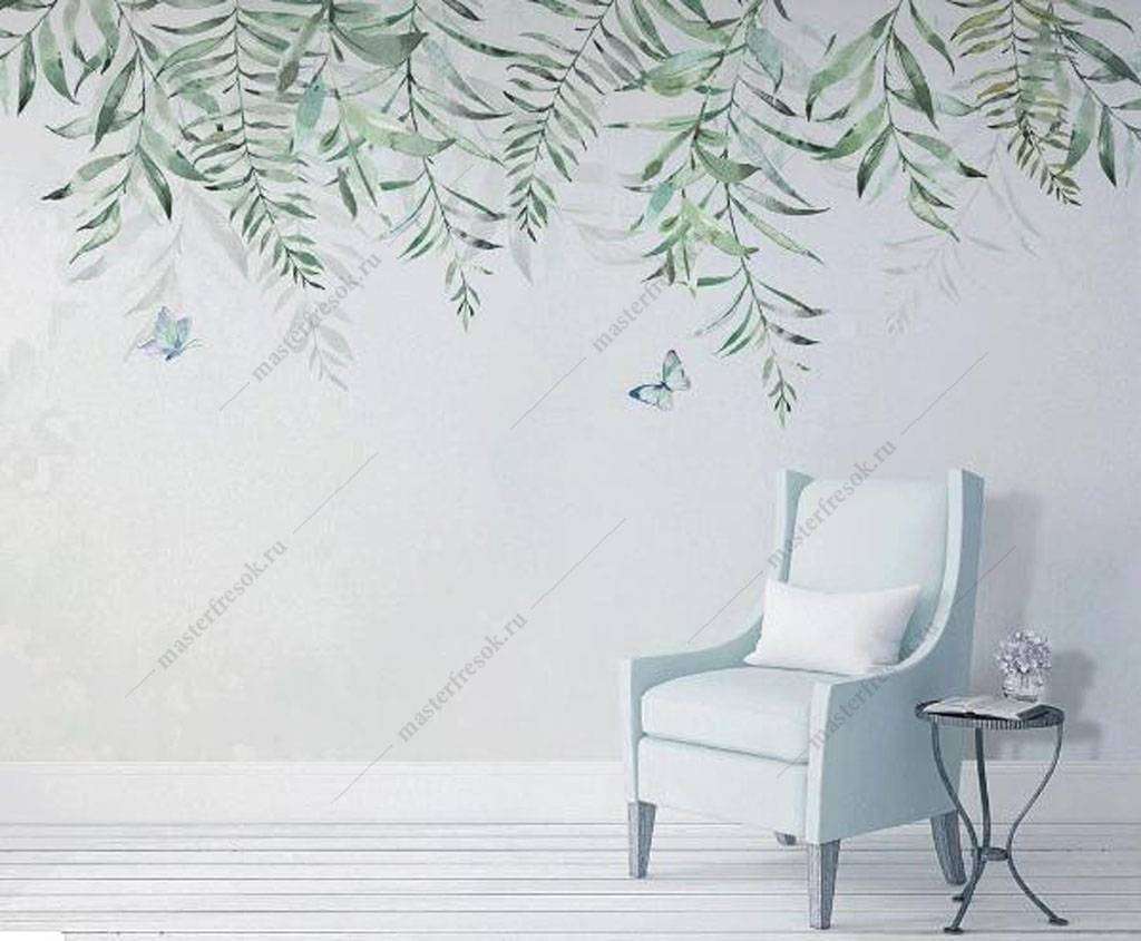 Фотообои в интерьере бабочки в листьях  16-182 фото