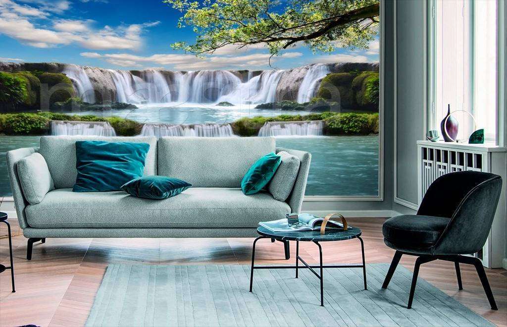 Фотообои в интерьере водопад с голубой лагуной  9-849 фото