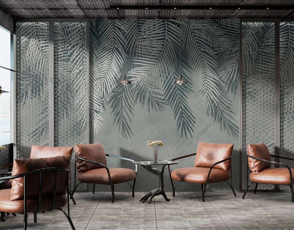 Фотообои в интерьере листья серые  9-1462 фото