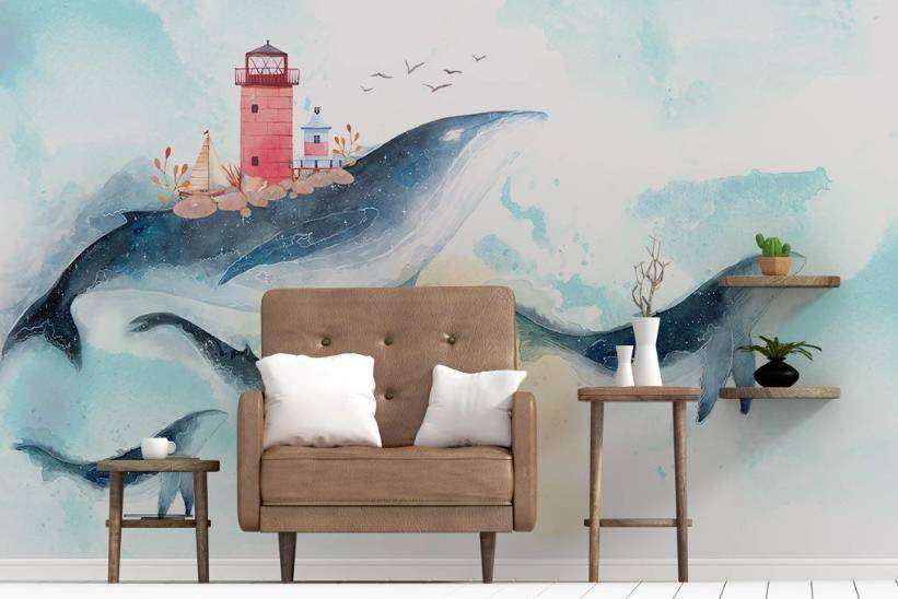 Фотообои в интерьере киты в небе  15-059 фото