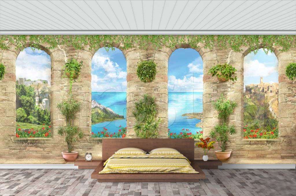 Фотообои в интерьере узкие арки с видом на море  11-170 фото