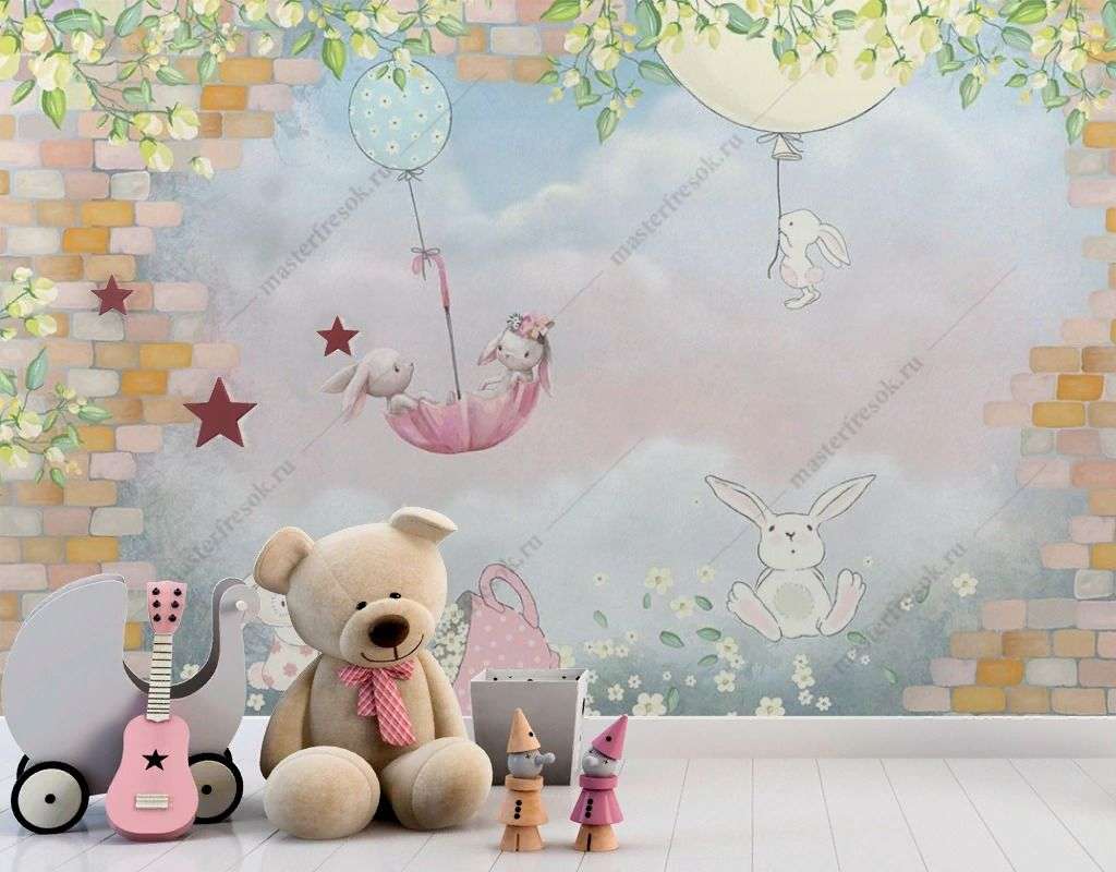 Фотообои в интерьере зайки в зонтике и крпичная стена  14-643 фото