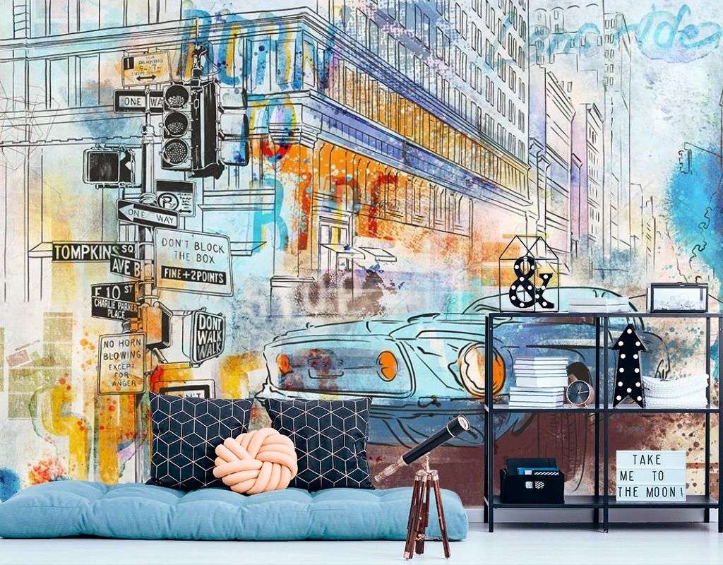 Фотообои в интерьере машина графити акварель  12-1437 фото