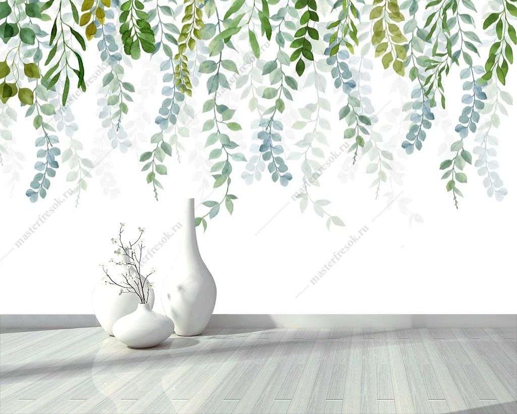 Фотообои в интерьере акварельные нависающие ветки  14-292 фото