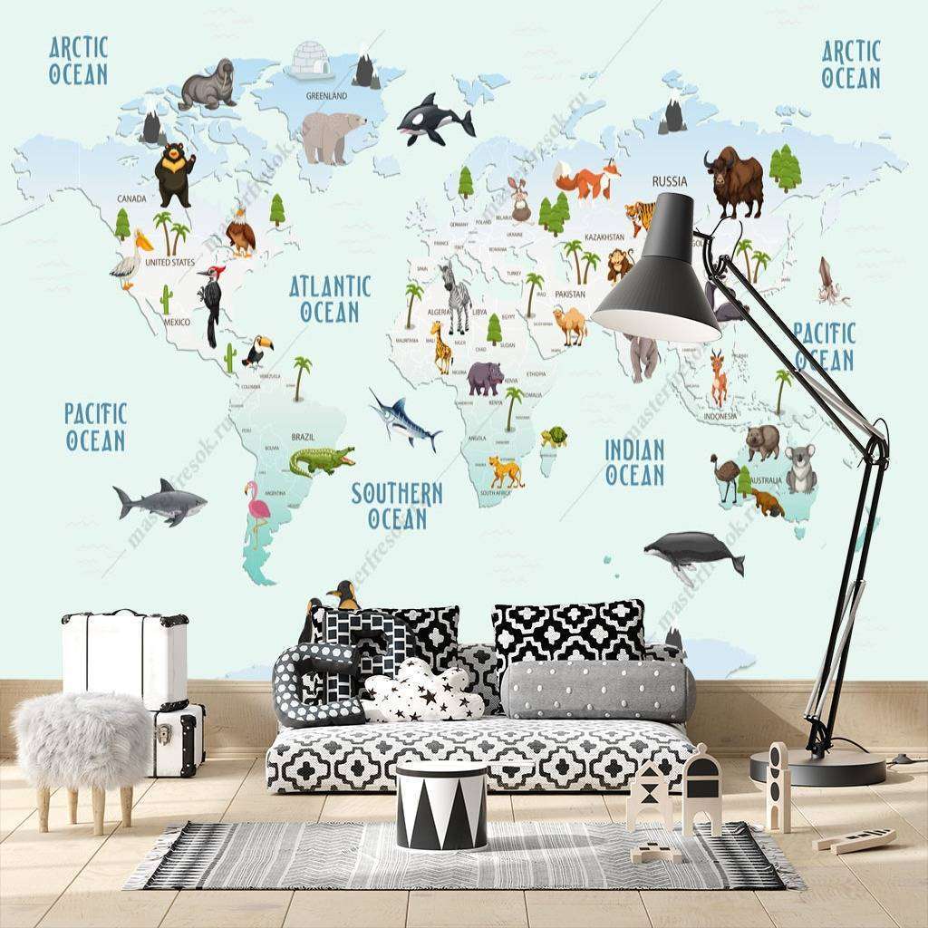 Фотообои Бесшовные обои на стену:  Карта мира голубая. Артикул: 12-780  