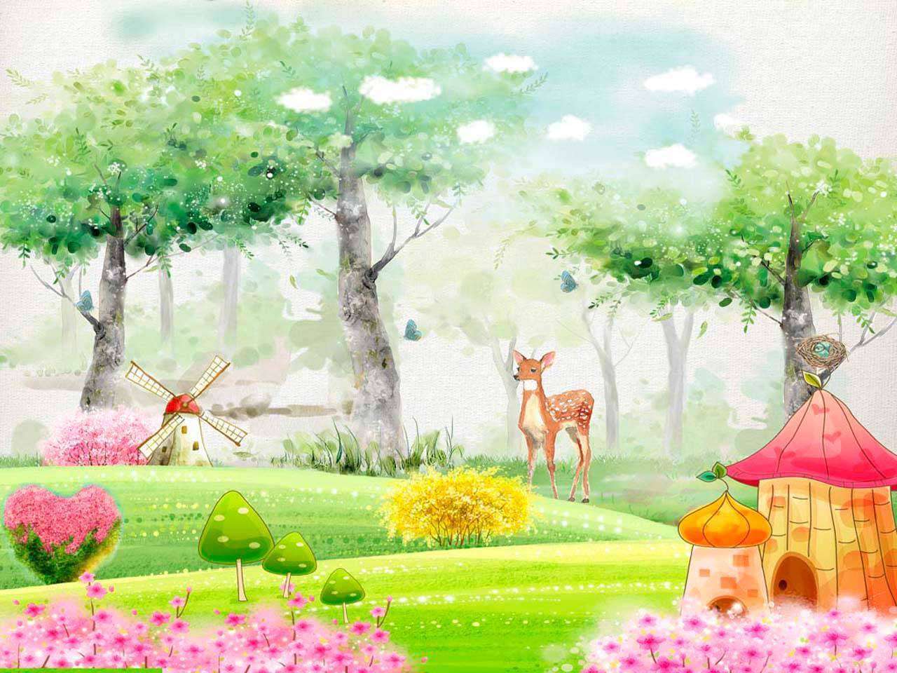 Фотообои в интерьере маленькие домики в лесу  12-356 фото