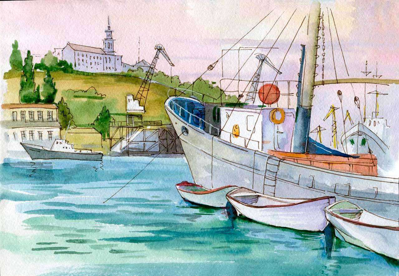 Фотообои в интерьере корабль подплывает к городу  12-355 фото