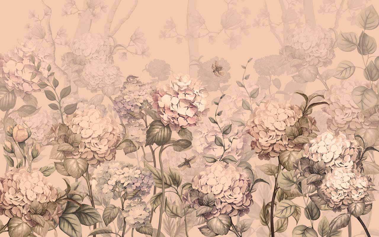 Фотообои в интерьере бежевые гортензии  13-114 фото