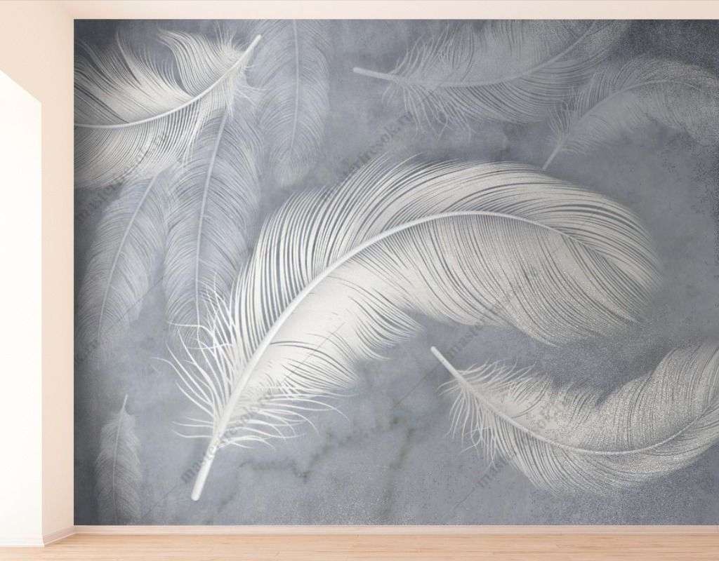 Фотообои в интерьере перышки на сером фоне  14-367 фото