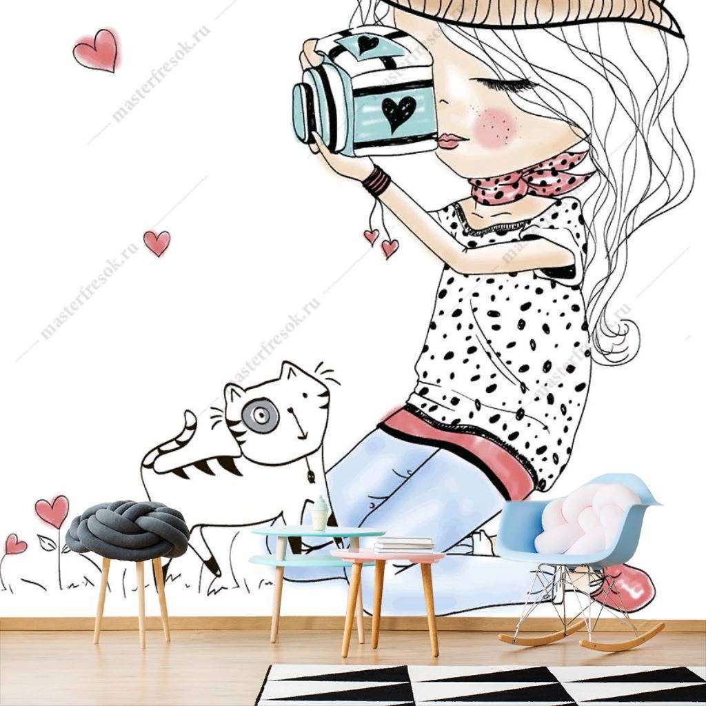 Фотообои в интерьере девочка с фотоаппаратом  12-1128 фото