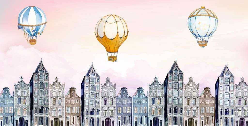 Фотообои в интерьере воздушные шарики над городом  14-258 фото