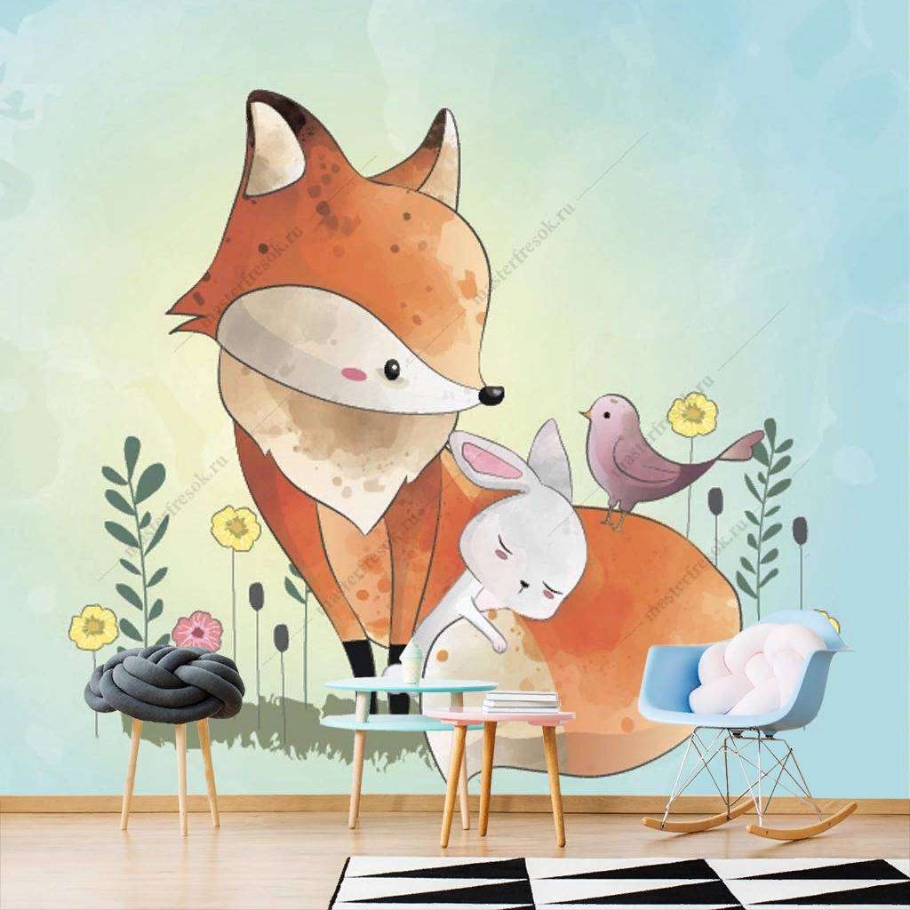 Фотообои в интерьере лисенок с другом  12-465 фото