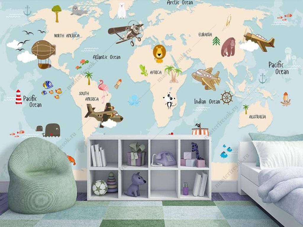 Фотообои Бесшовные обои на стену:  Детская карта мира. Артикул: 16-006  