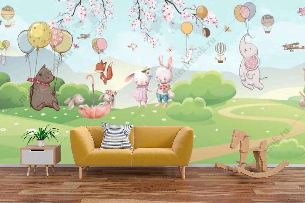 Фотообои в интерьере зверята с шарами на поляне  12-1208 фото