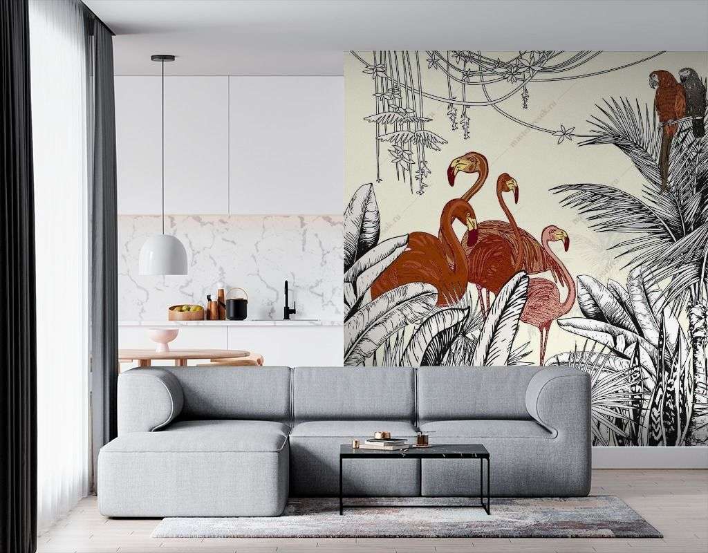 Фотообои в интерьере фламинго и попугаи в тропиках  12-1548 фото