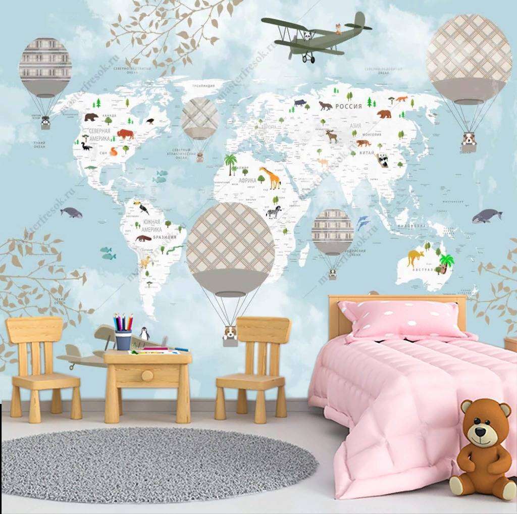 Фотообои в интерьере самолеты и карта мира  14-180 фото